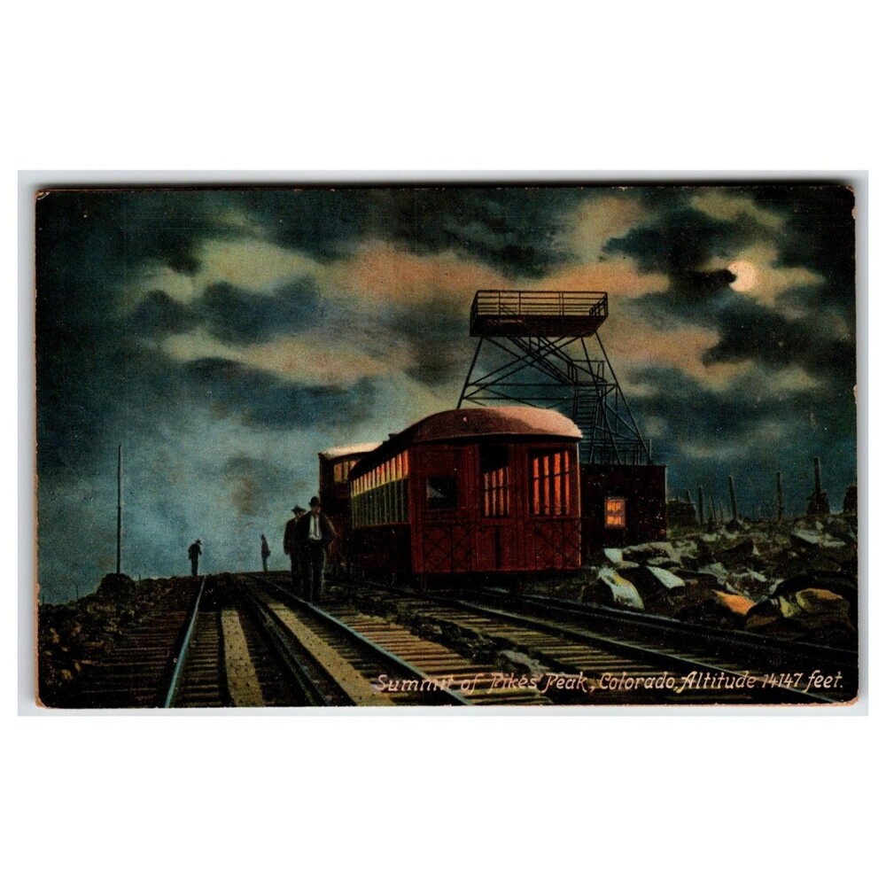 1908 Pikes Peak Colorado Summit Cog Railway Train Tower Moon Night Postcard